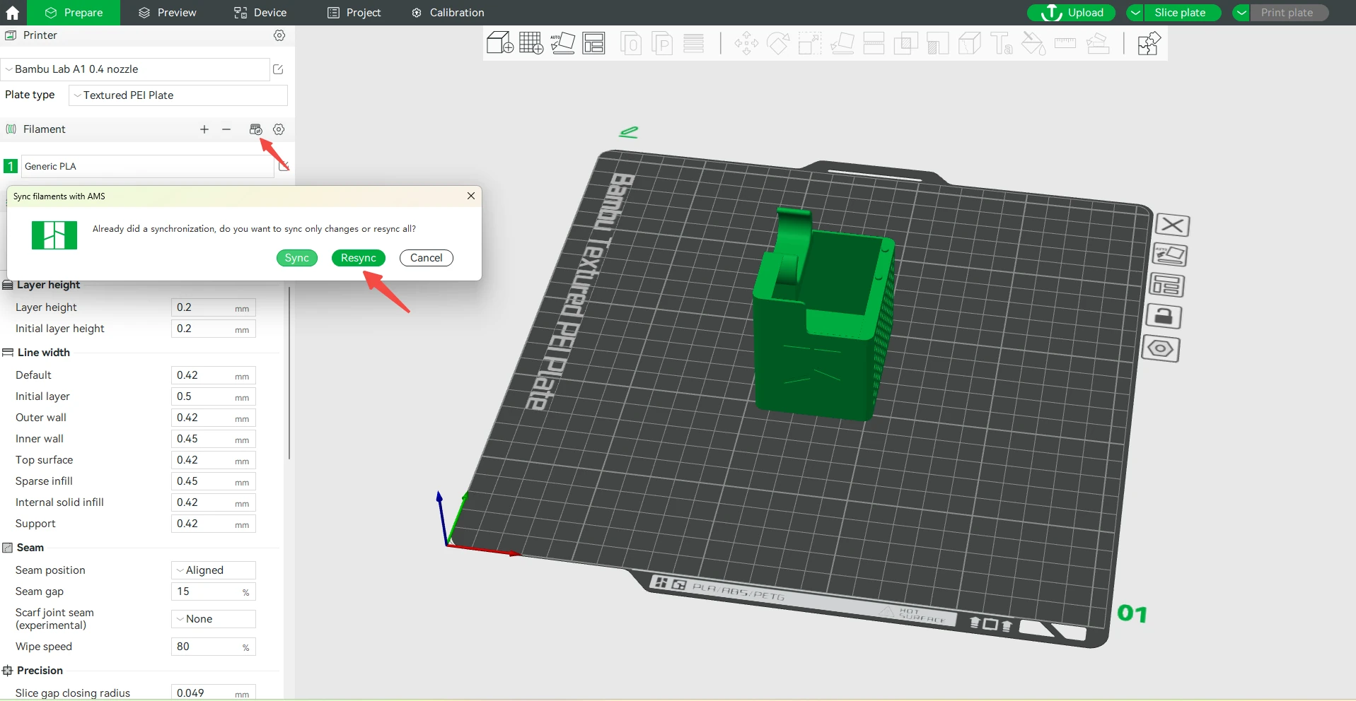 Bambu Studio Prepare workspace with a green model and Sync filaments with AMS dialog offering Sync, Resync and Cancel