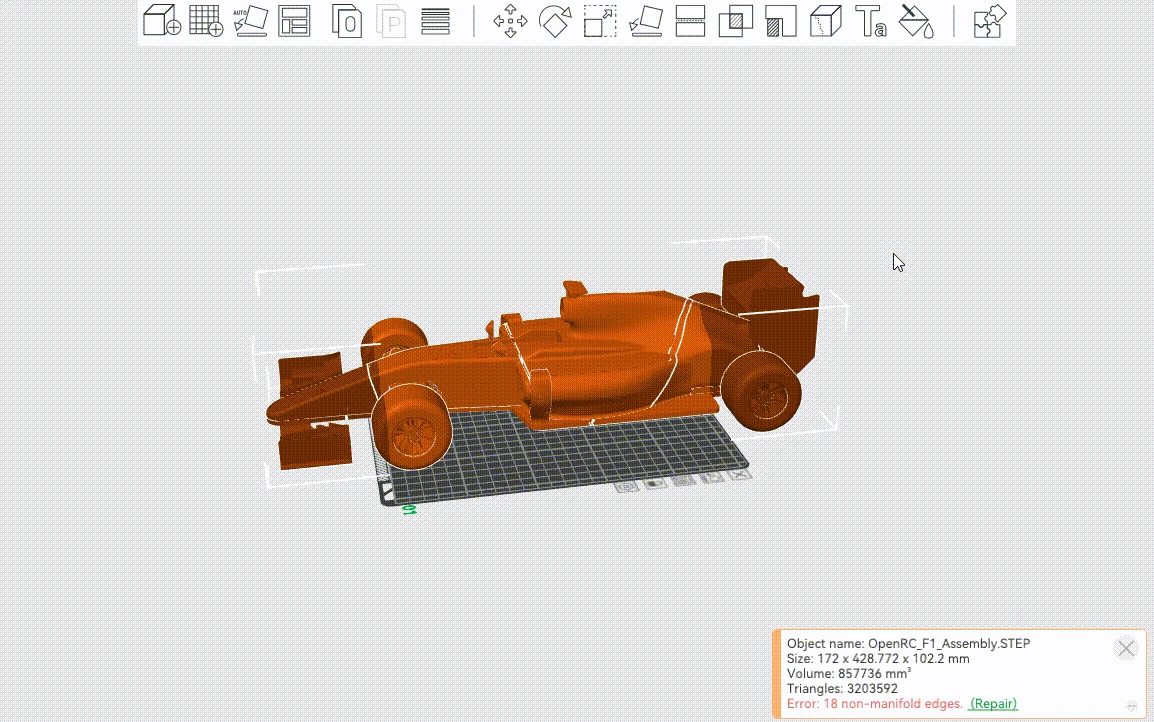 Bambu Studio: STEP model assembly displayed in the 3D workspace with an orange race car