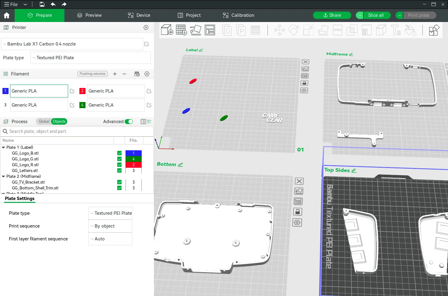 Bambu Studio Prepare workspace with printer and filament settings, object list and multiple build plates