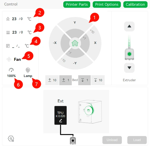 Bambu Studio: Printer Control panel with numbered axis, temperature, fan and lamp controls