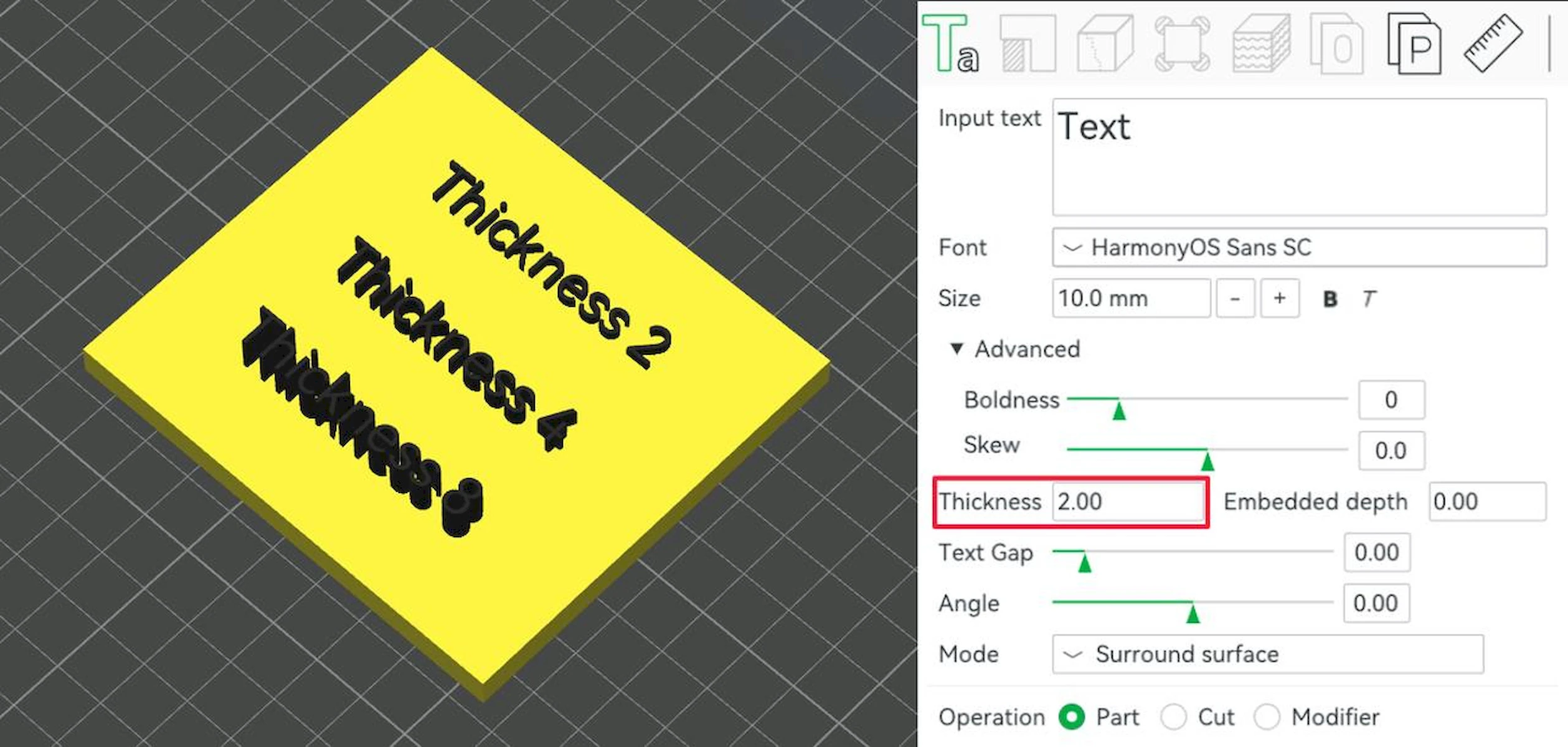 Bambu Studio: 3D text thickness control beside raised text at several thicknesses