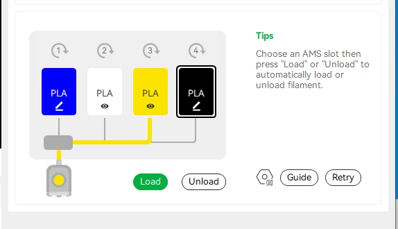 Bambu Studio: AMS filament controls showing four material slots and Load and Unload buttons