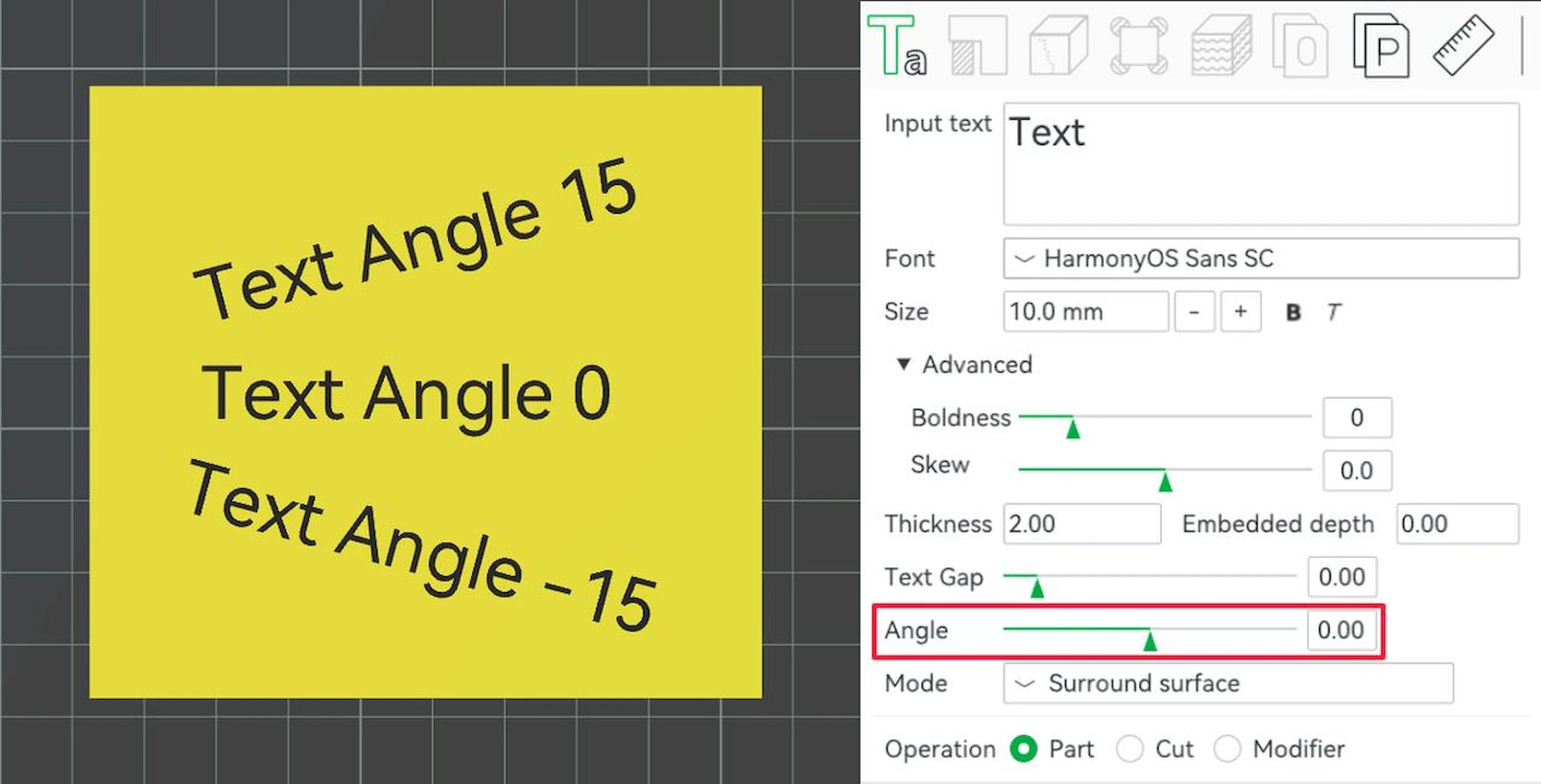 Bambu Studio: 3D text angle control with samples at 15, 0 and minus 15 degrees