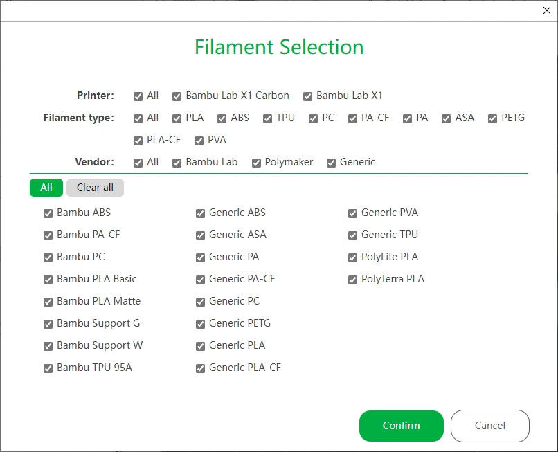 Bambu Studio: Filament Selection dialog with printer, material and vendor filters