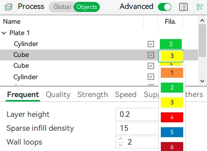 Bambu Studio: Object list with a color-number filament dropdown open