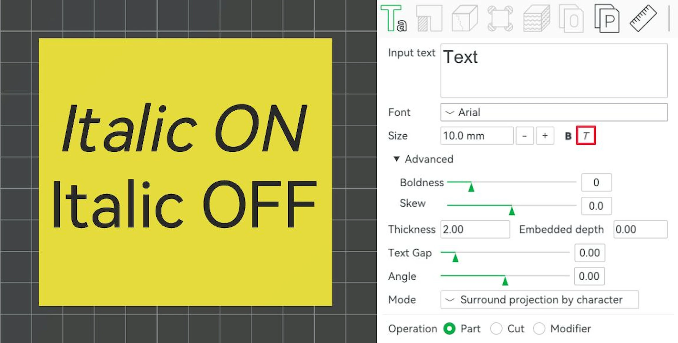 Bambu Studio: 3D text italic toggle with Italic ON and Italic OFF samples