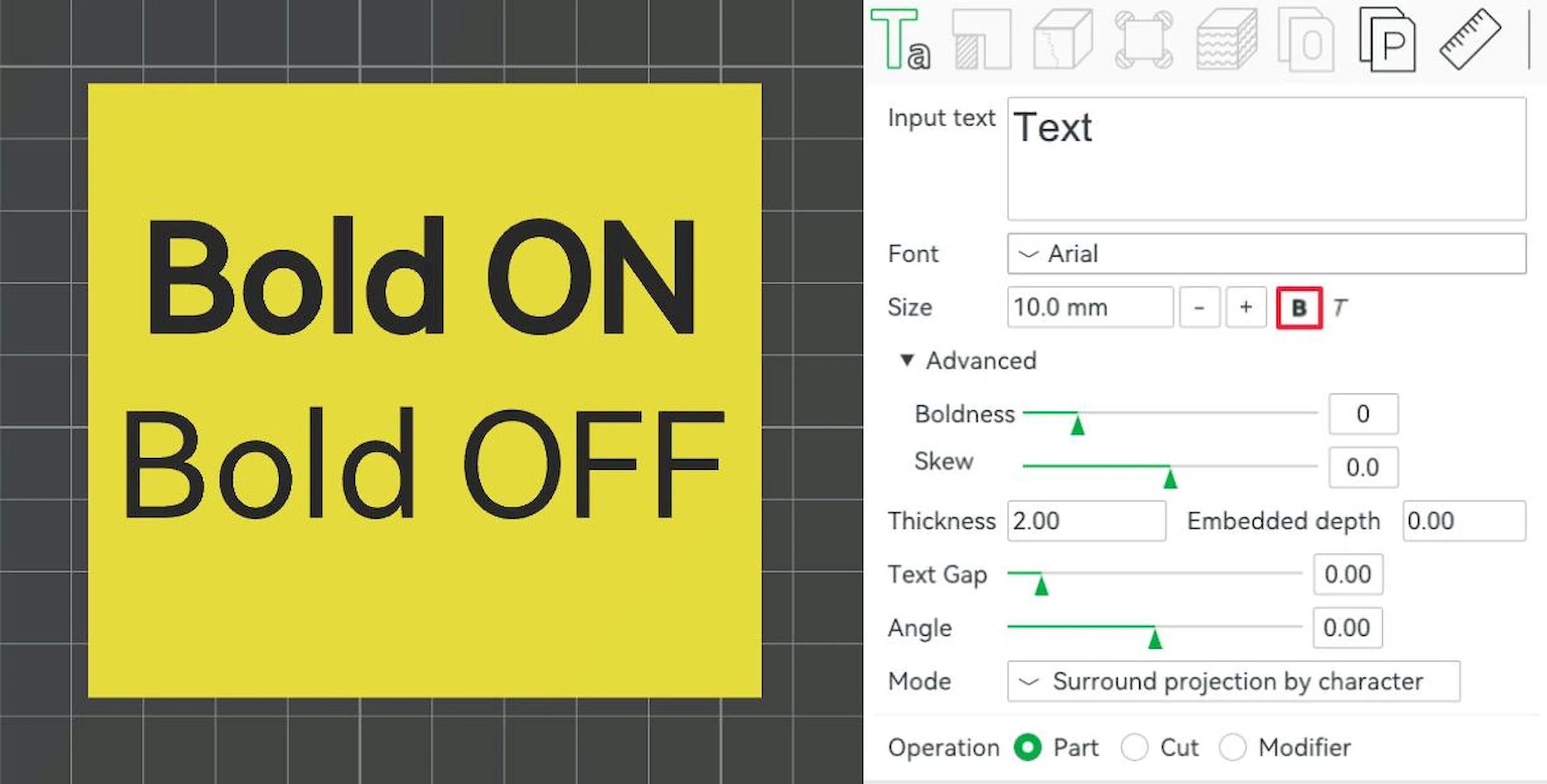 Bambu Studio: 3D text bold toggle with Bold ON and Bold OFF samples