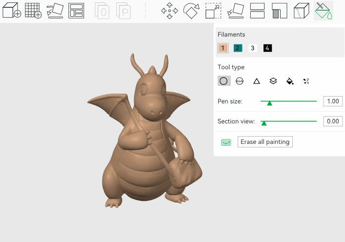 Bambu Studio: Color painting tool with an unpainted dragon model and brush settings