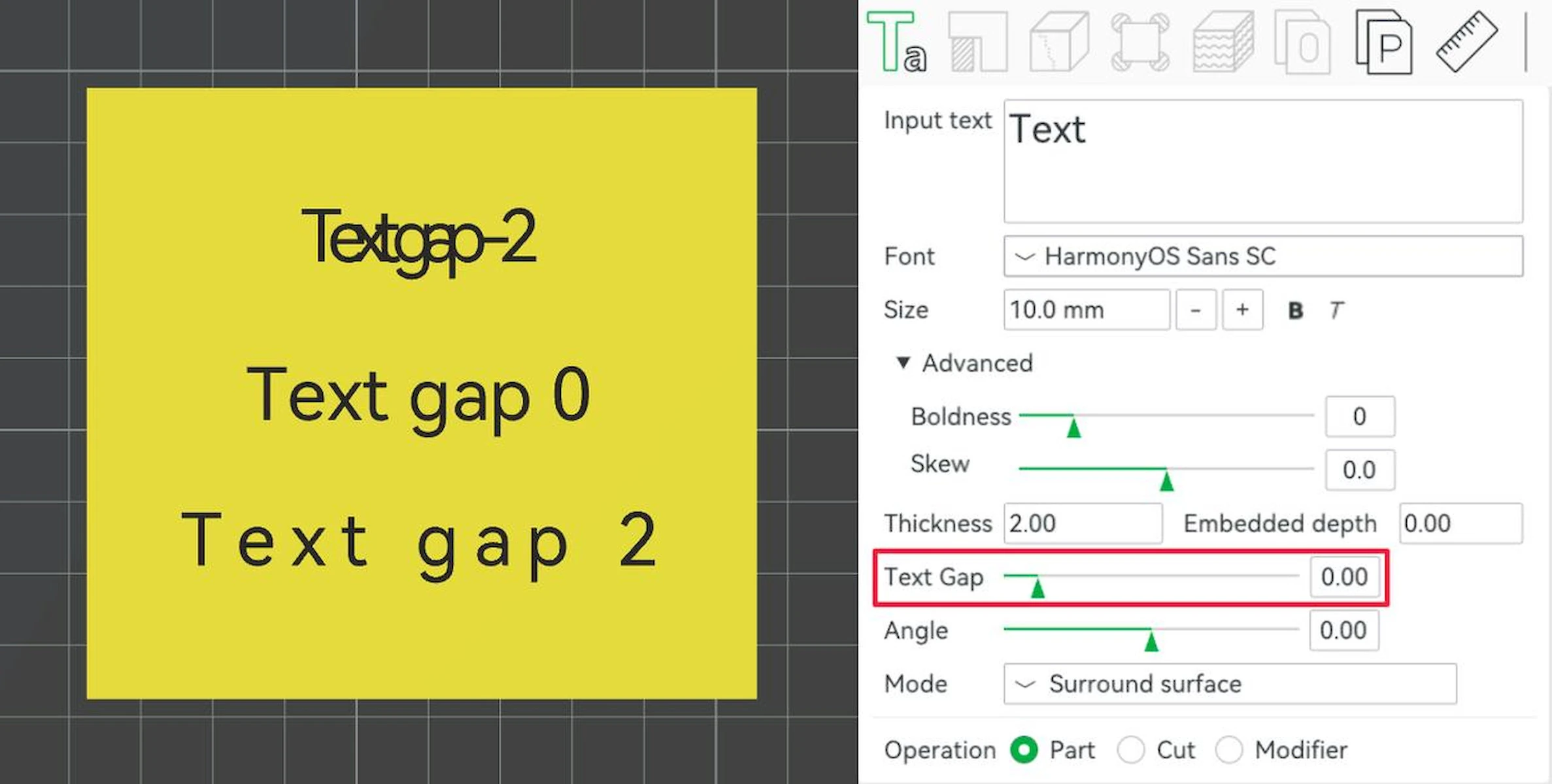 Bambu Studio: 3D text spacing control with negative, zero and positive text-gap samples
