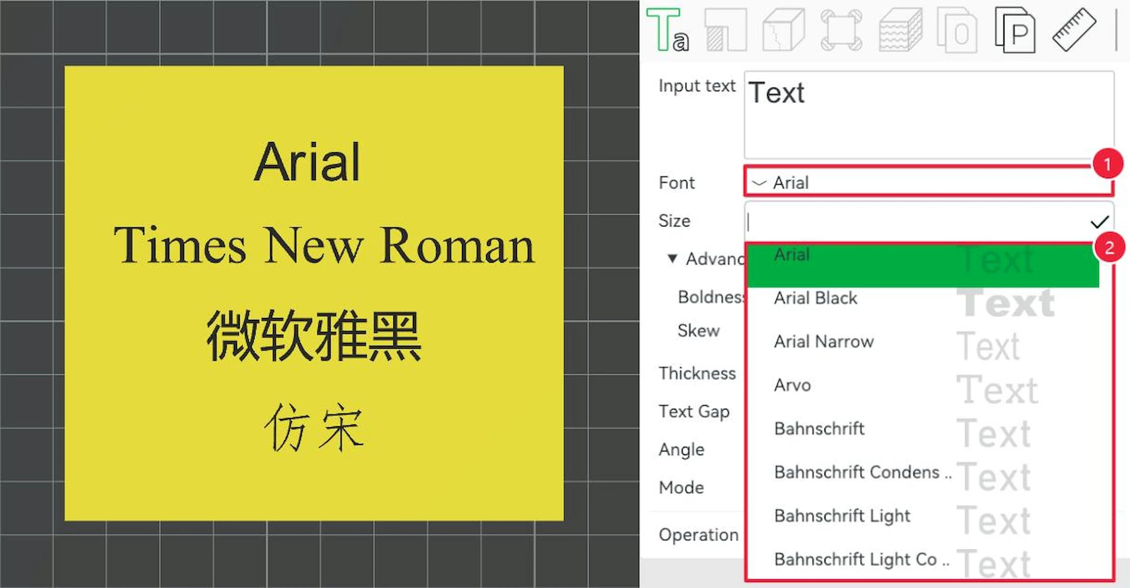 Bambu Studio: 3D text font dropdown beside a slab demonstrating several font families