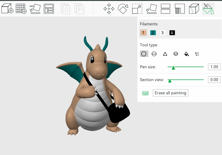Bambu Studio: Color painting tool with a dragon model painted in multiple filament colors