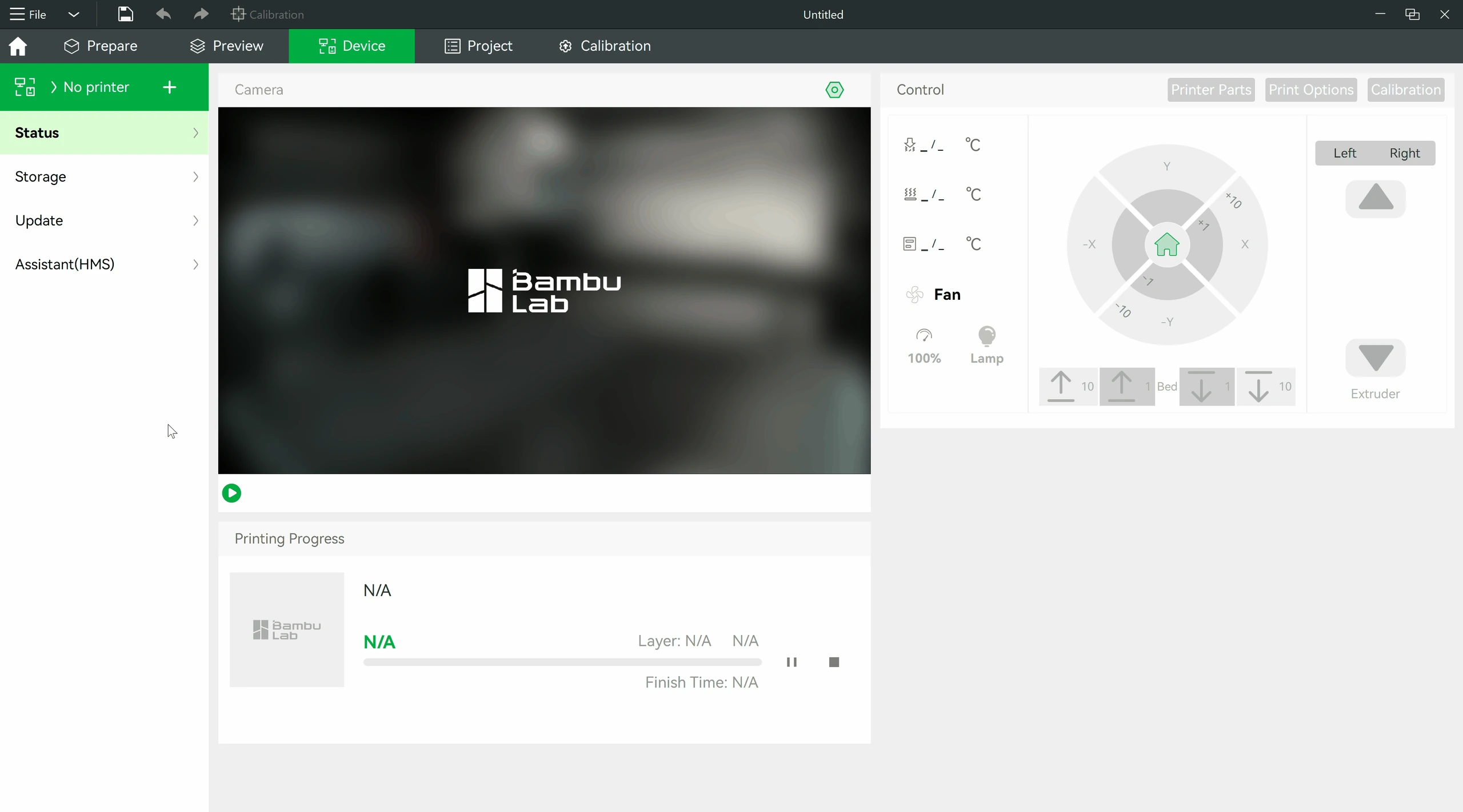 Bambu Studio: Device workspace before printer binding with disabled axis controls and no print progress