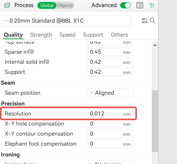 Bambu Studio: Quality settings panel with Resolution highlighted under Precision