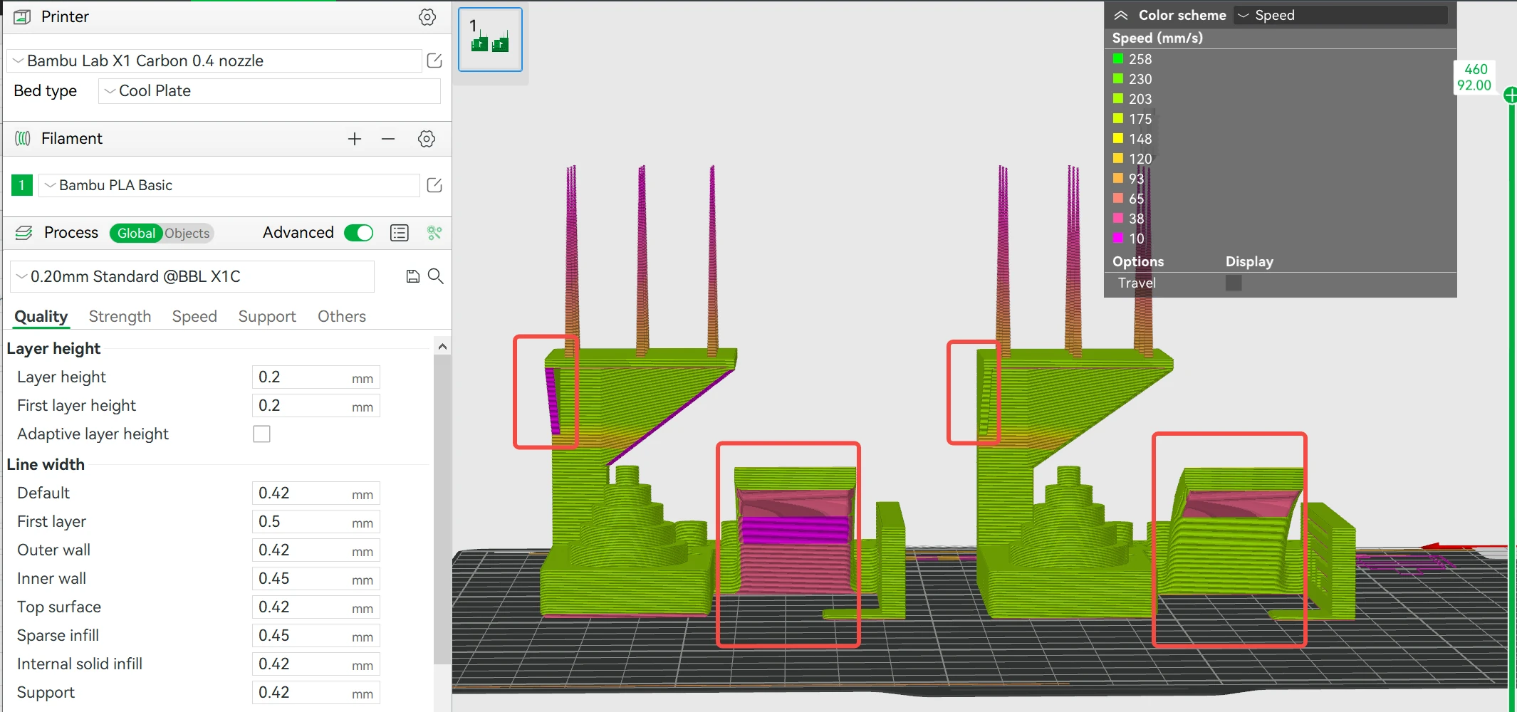 Bambu Studio: Sliced model with colored supports and highlighted problem areas