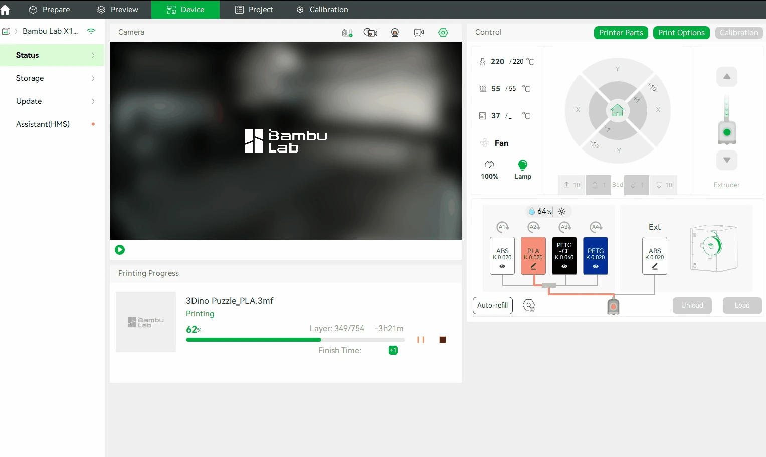 Bambu Studio: Device workspace with AMS filament slots and an active print at 62 percent