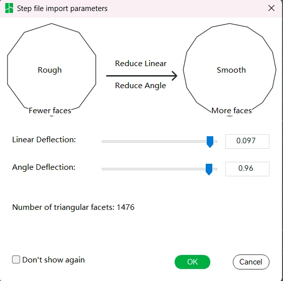 Bambu Studio: STEP import parameters dialog with linear and angular deflection sliders and 1476 facets