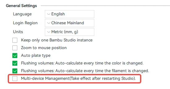 Bambu Studio: General Settings with the Multi-device Management checkbox highlighted