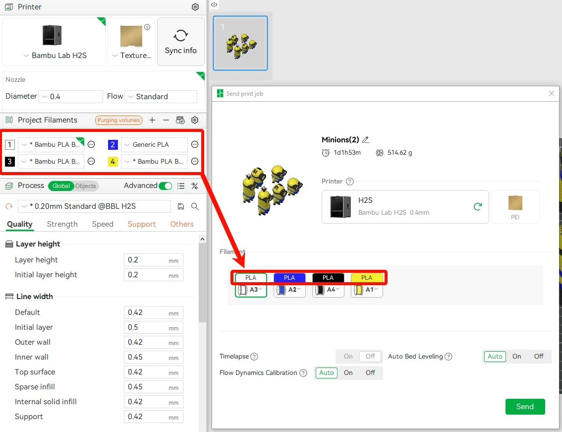 Bambu Studio: Send print job dialog mapping project filaments to a single-nozzle H2S printer