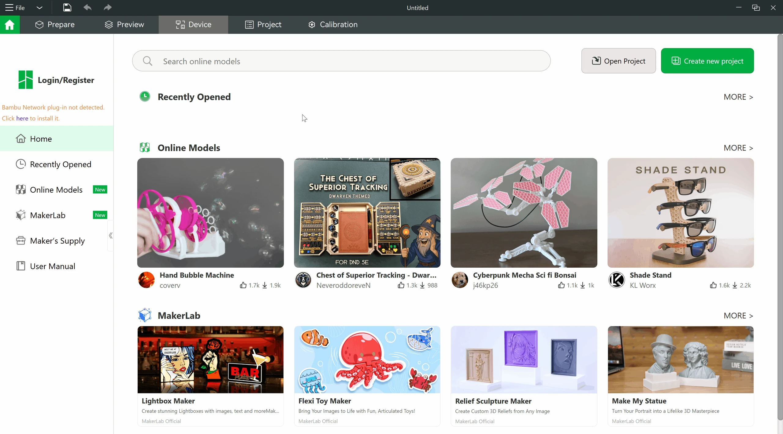 Bambu Studio: Home workspace with Online Models, MakerLab and recent-project controls