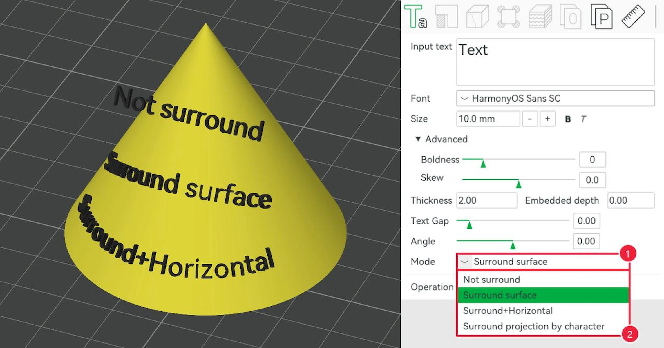 Bambu Studio: 3D text surface mode dropdown beside text wrapped around a cone