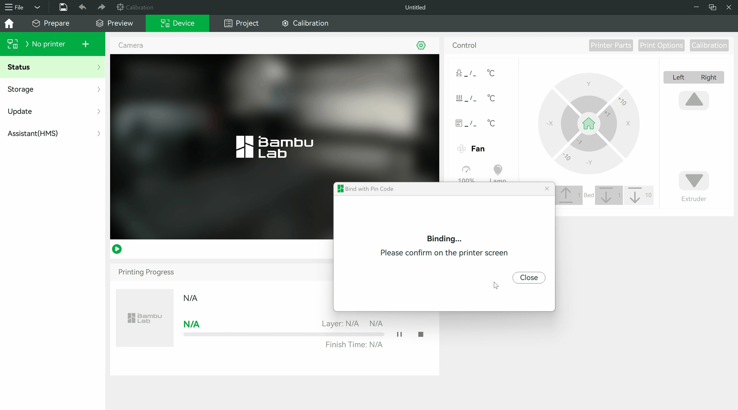 Bambu Studio: Device workspace with a Bind with Pin Code confirmation dialog
