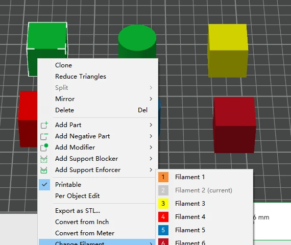 Bambu Studio: Model context menu with a Change filament submenu