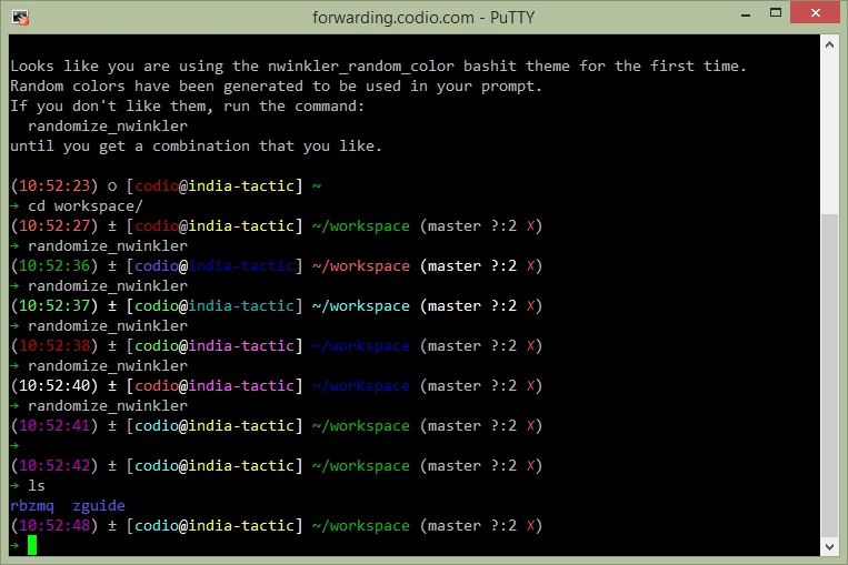 Bash-it Nwinkler Random Color theme showing changing colors for the time, user, host and Git workspace prompt