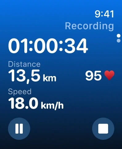Ride recording screen with elapsed time, distance, speed and heart rate