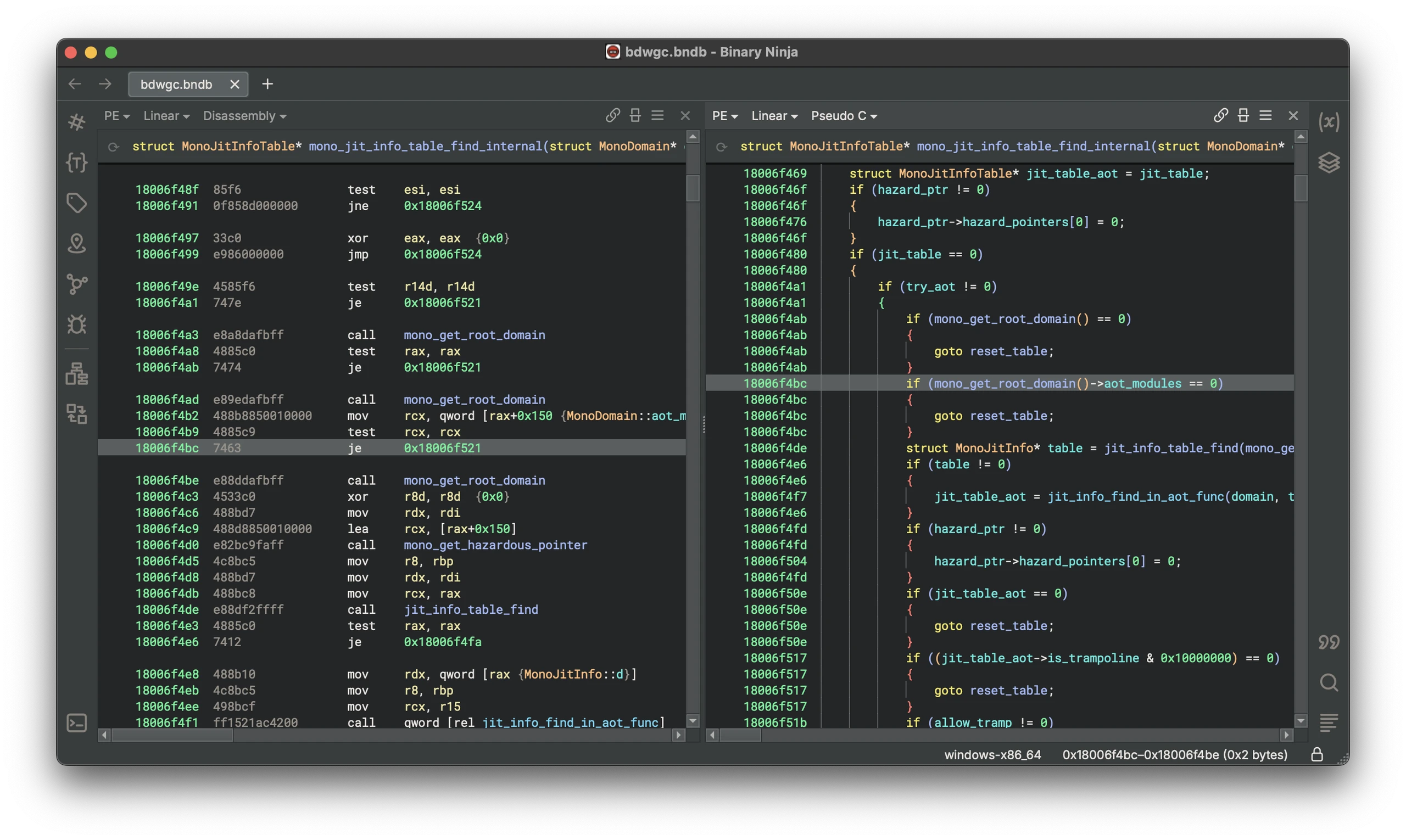 Binary Ninja disassembly and decompiled code side by side with instruction addresses and navigation sidebar