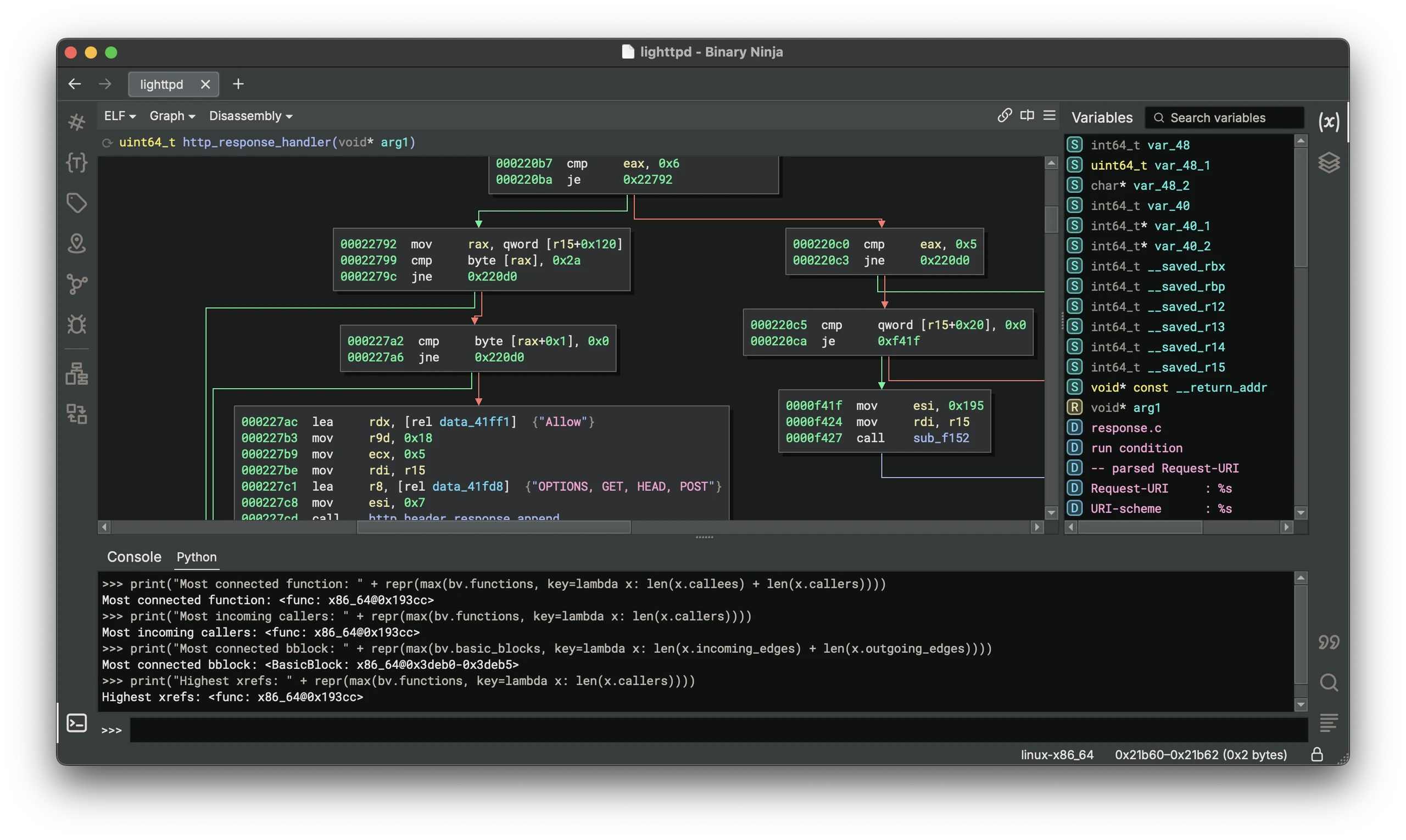 Binary Ninja control-flow graph with disassembly and Python console