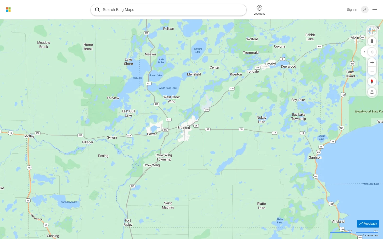 Bing Maps web interface with map search, directions and map controls