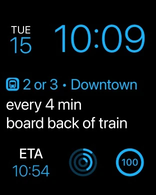 Citymapper Apple Watch transit complication with downtown train and estimated arrival