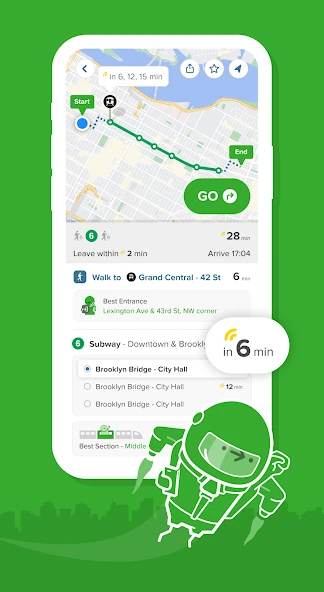 Citymapper route overview with map, walk segment and subway departures