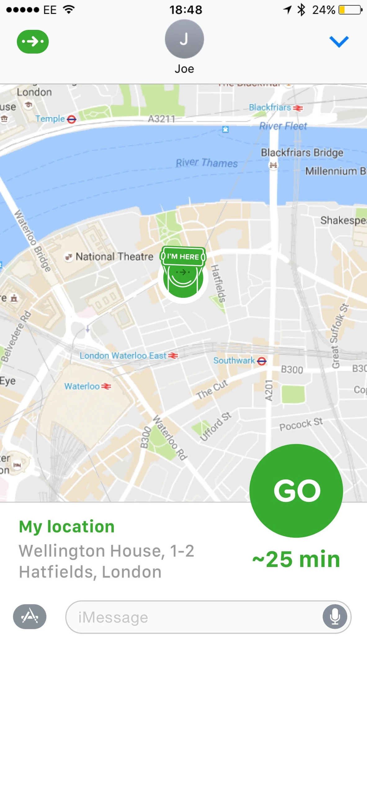 Citymapper iMessage location sharing map with GO route action