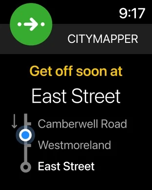 Citymapper Apple Watch transit journey with upcoming East Street stop