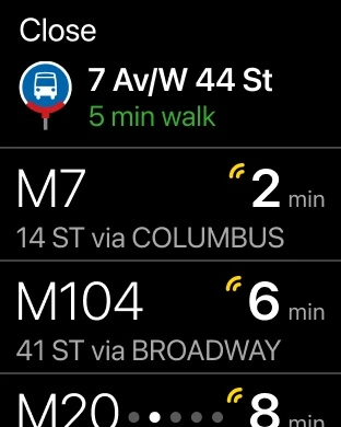 Citymapper Apple Watch nearby bus stop showing M7 and M104 departure times