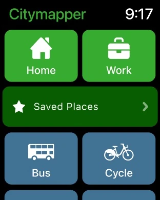 Citymapper Apple Watch home showing Home, Work, Saved Places and transport modes