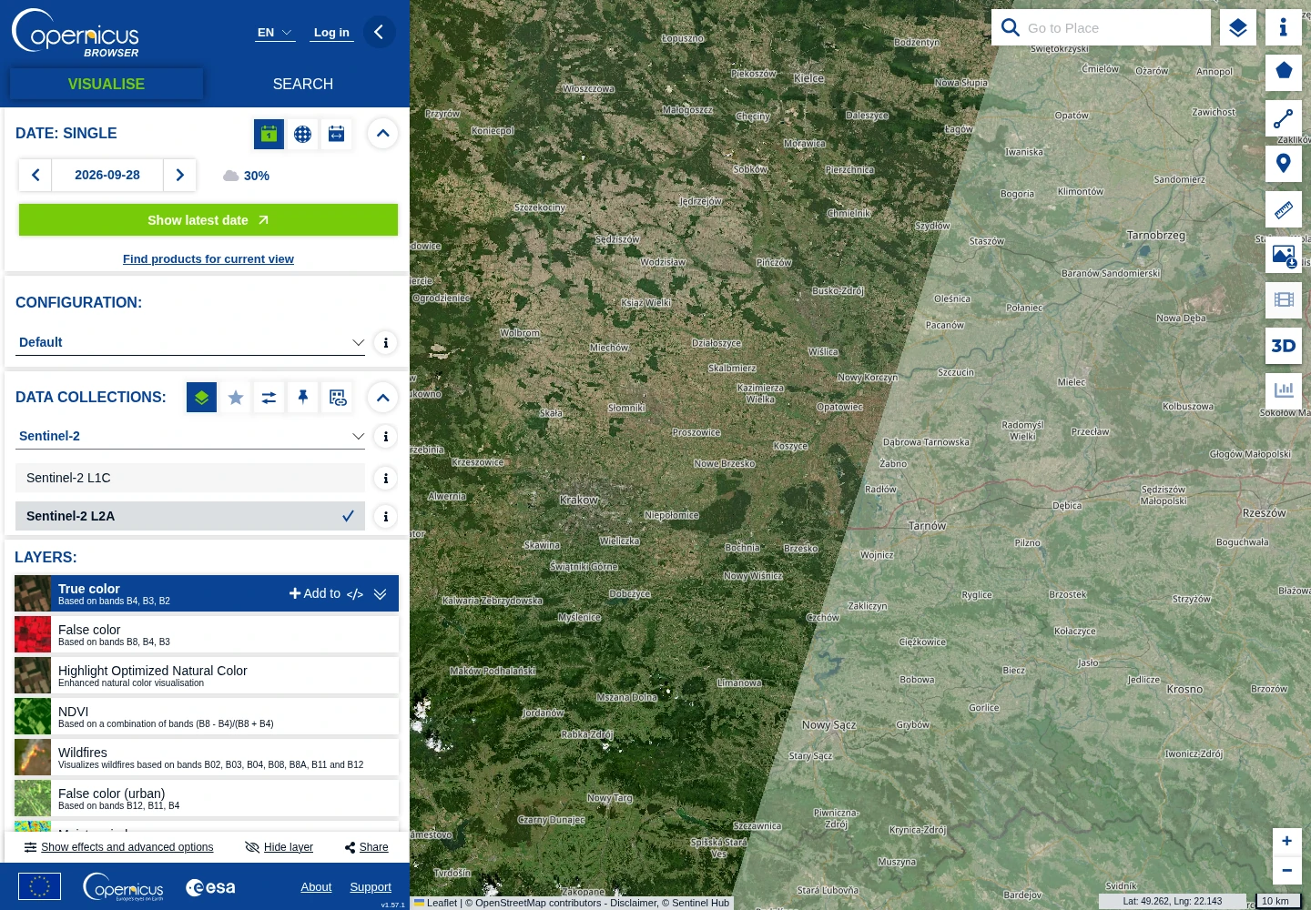 Sentinel-2 satellite imagery beside date, data collection and visualization layer controls