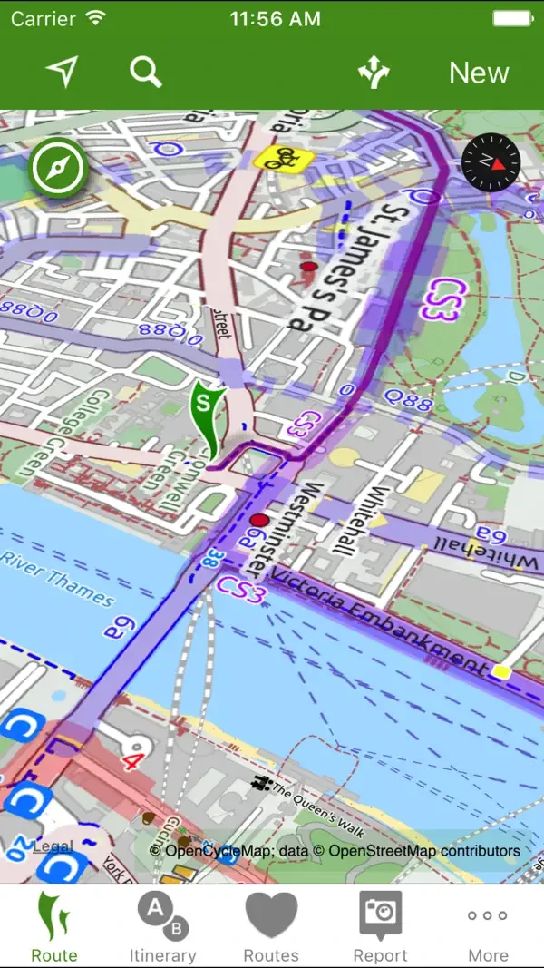 CycleStreets cycling route map with highlighted journey and navigation controls