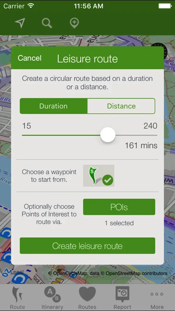 CycleStreets leisure-route planner with duration, distance and waypoint controls