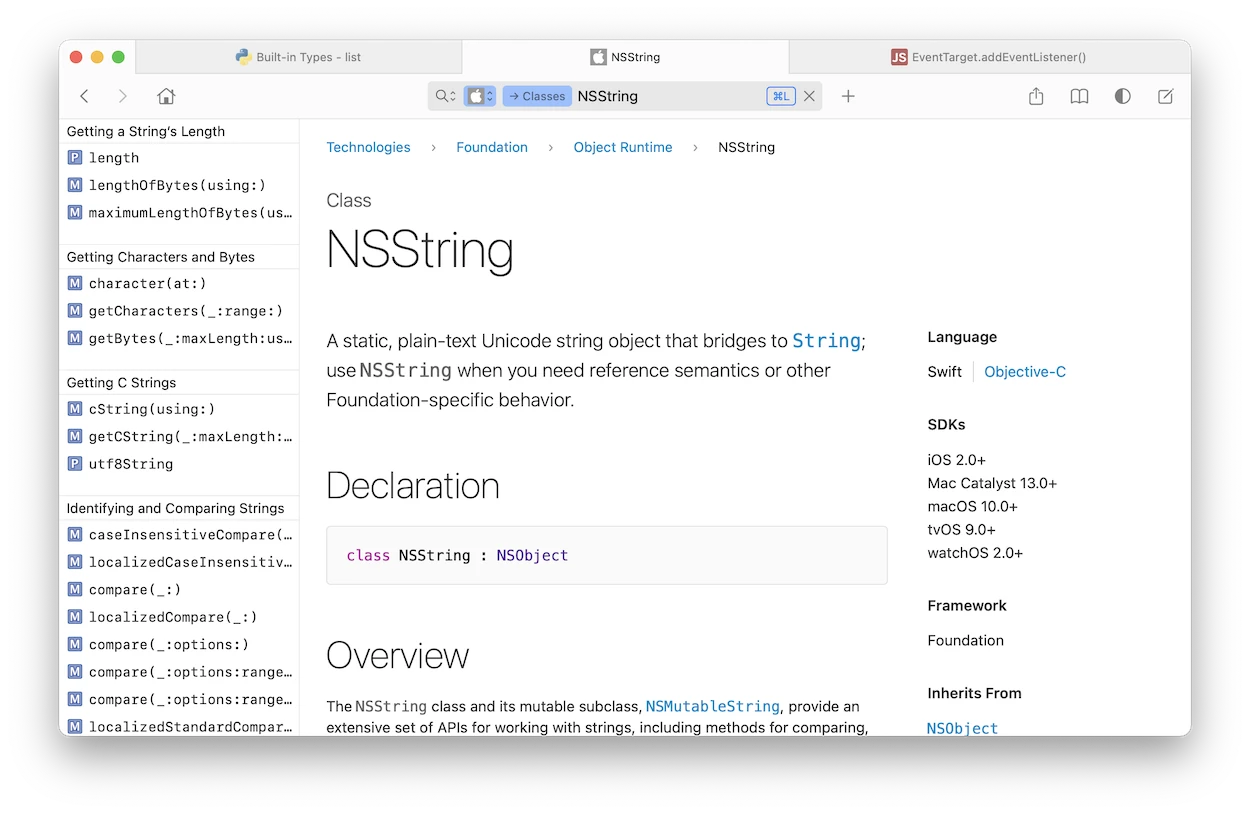 Dash documentation browser displaying Foundation NSString reference material with its docset navigation and search controls