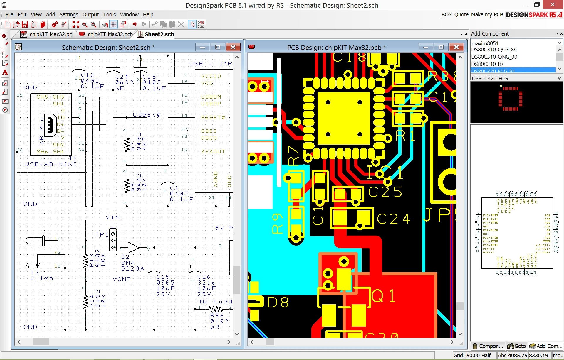 DesignSpark PCB with a schematic sheet and a PCB layout side by side and the Add Component panel