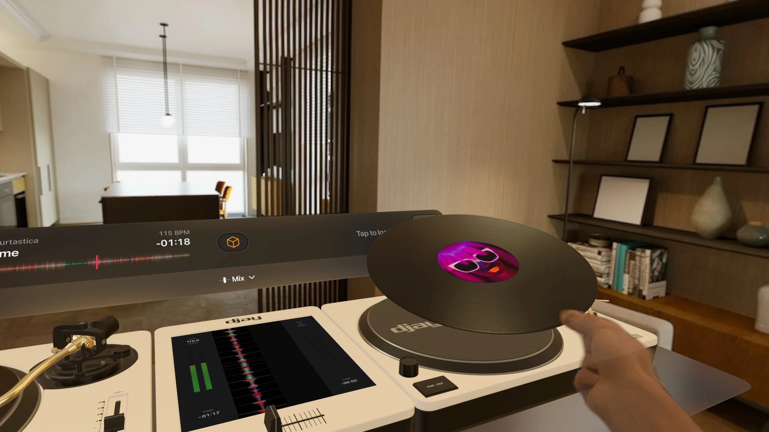 djay spatial vinyl lifted above a turntable beside mixer meters