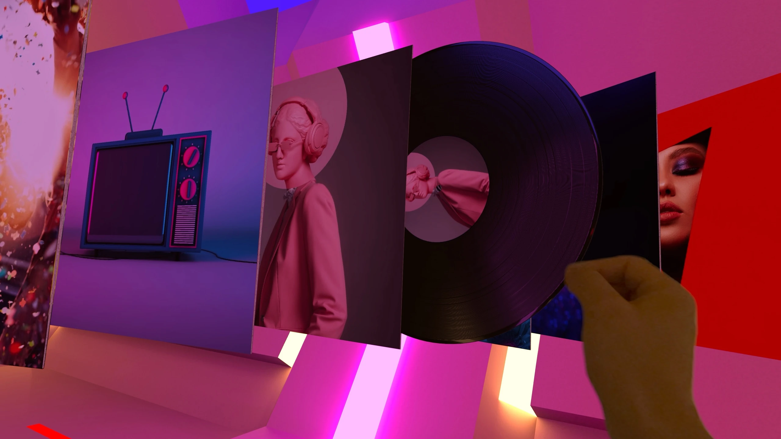 djay spatial album selection showing a held vinyl and floating album covers