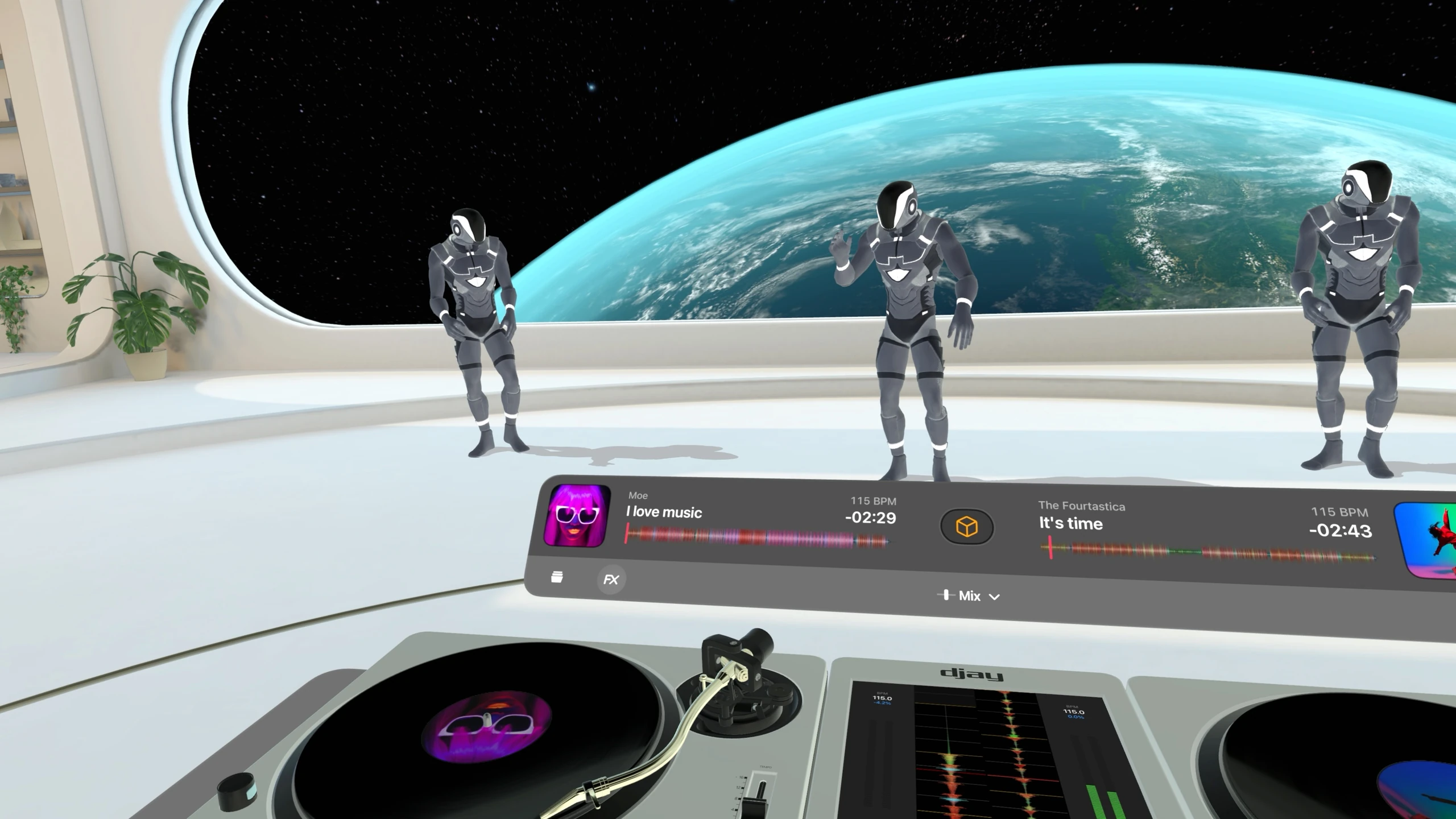 djay virtual decks and track status in a space lounge environment