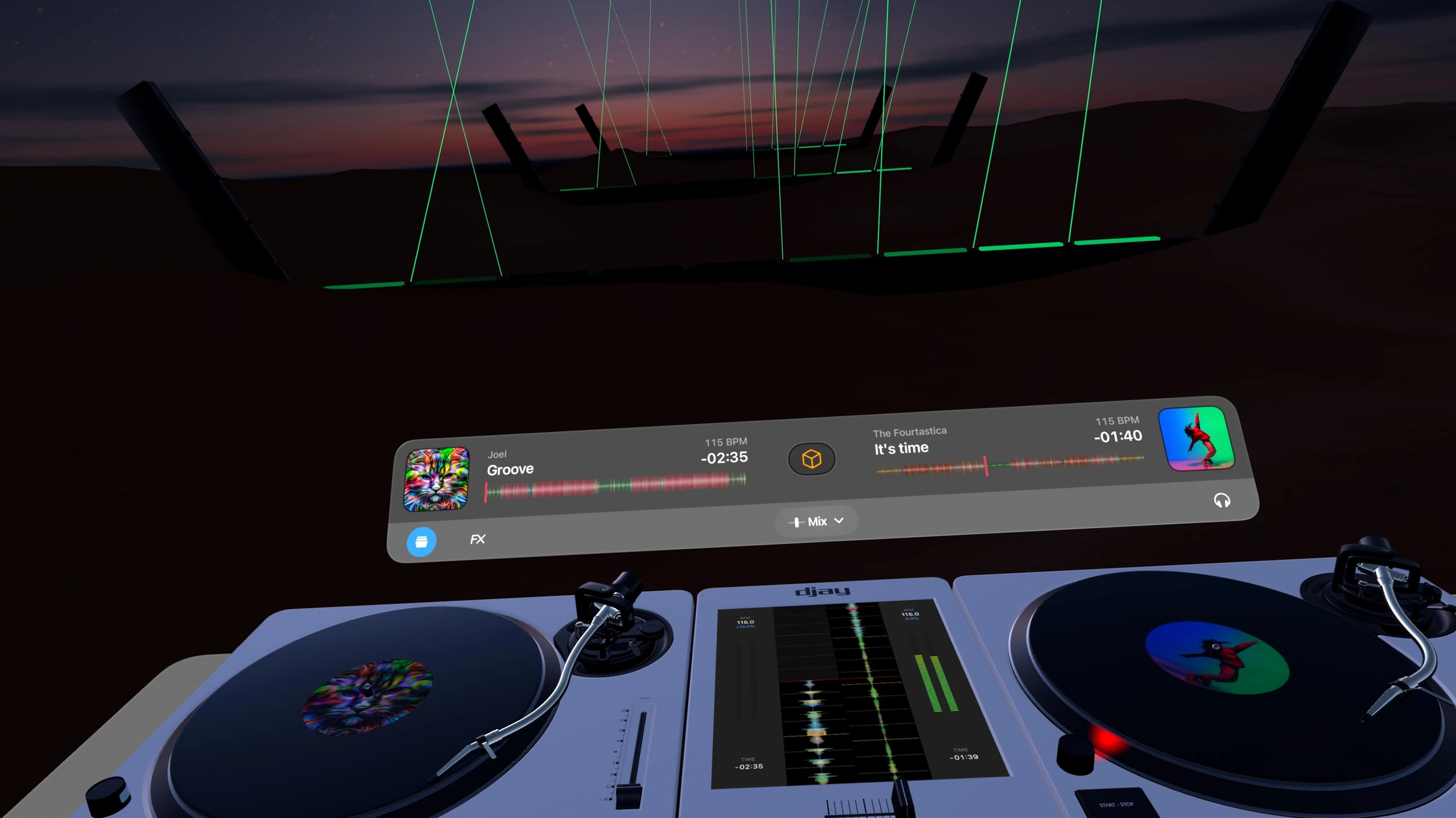 djay decks and waveform strip in a desert environment with green visual effects