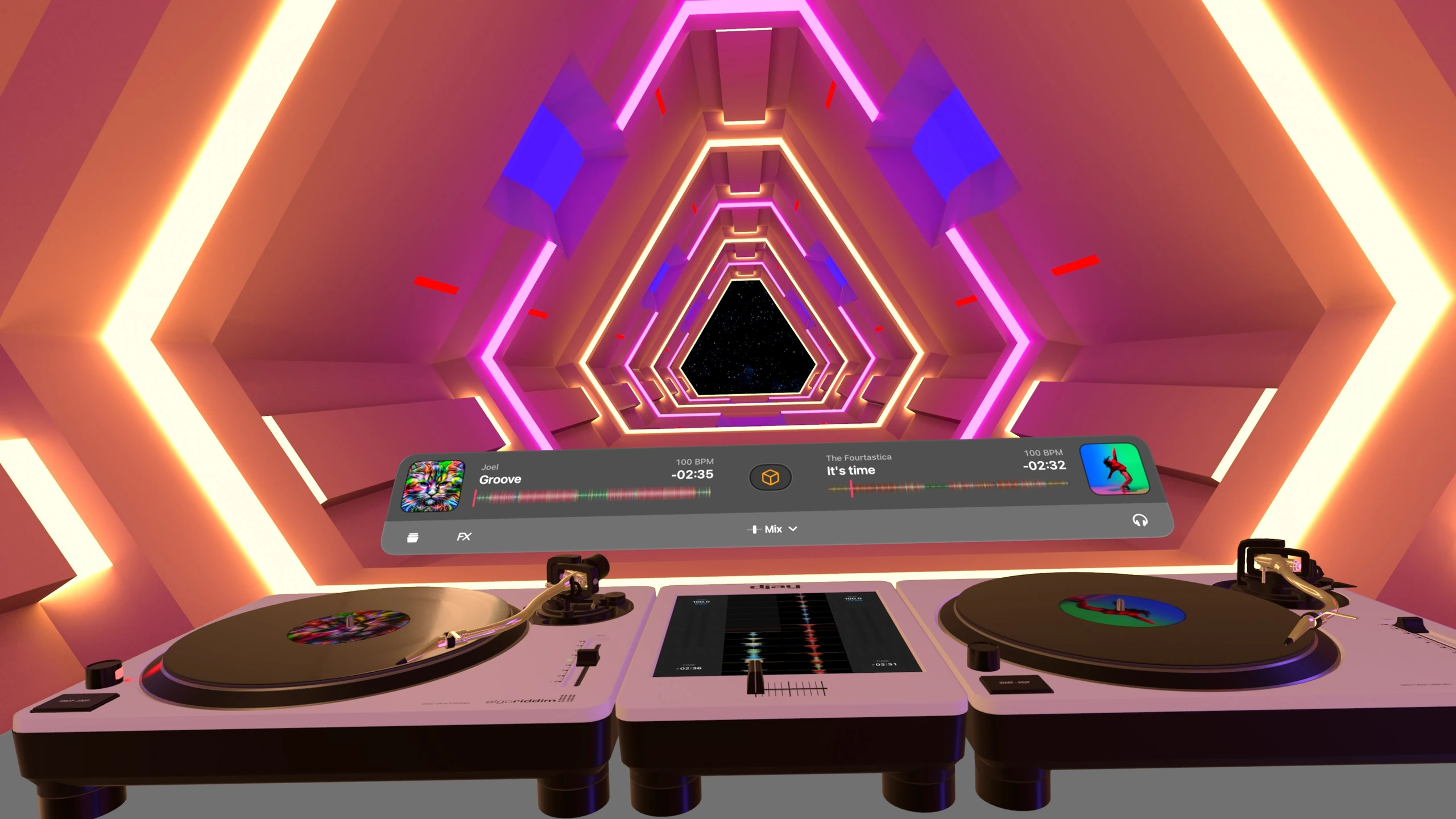 djay virtual twin turntables, mixer meters and track progress in an orange tunnel