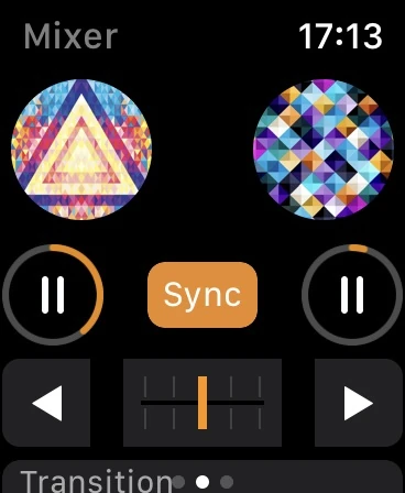 djay Watch Mixer screen with two album covers, playback, Sync and transition slider