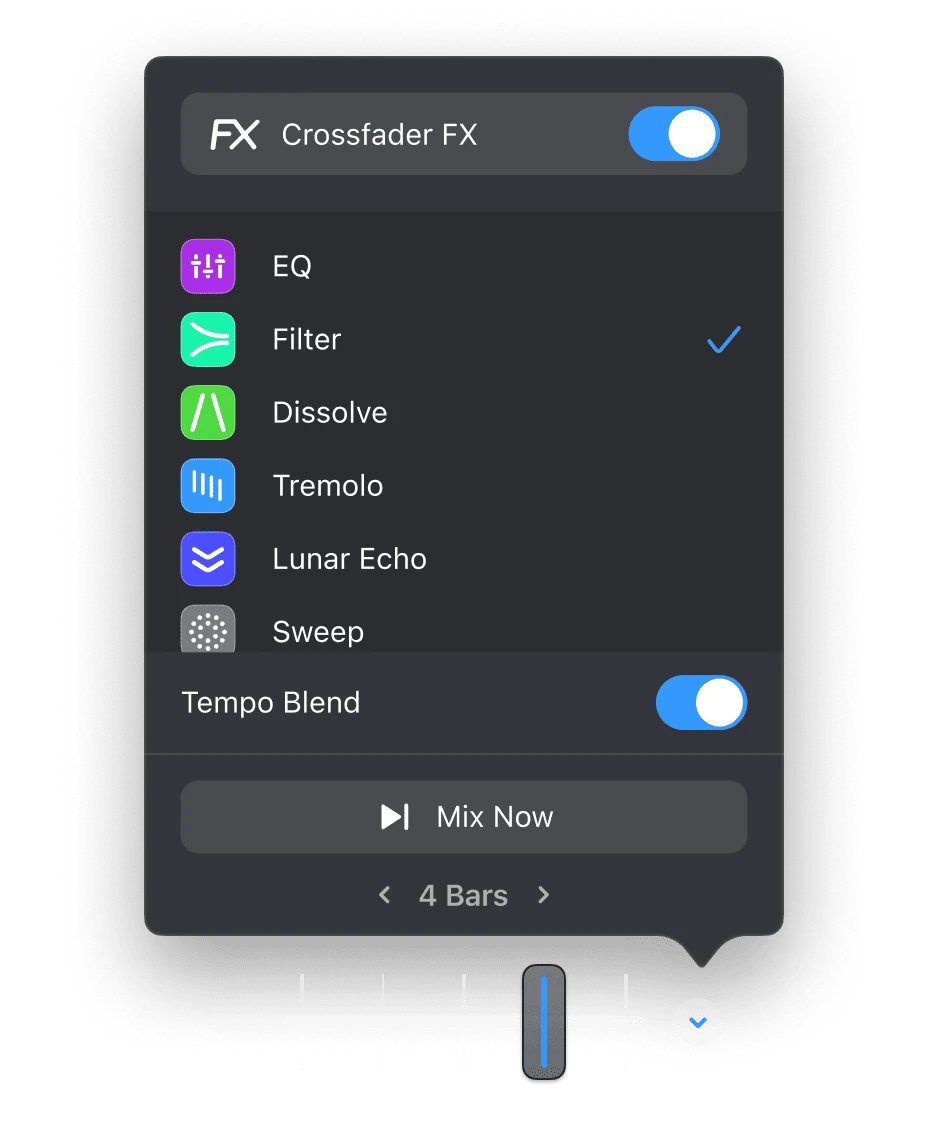 djay Crossfader FX settings popup with EQ, Filter, Dissolve, Tremolo, Lunar Echo and Sweep options