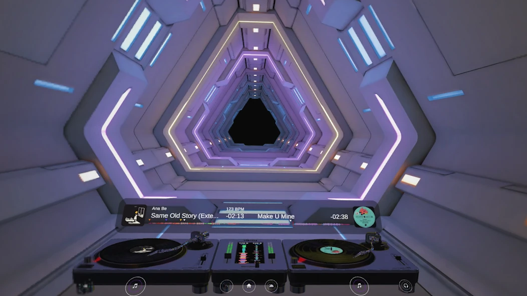 djay virtual twin decks and track controls inside a purple tunnel